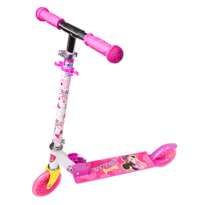 Draisienne trottinette enfant Disney 2 roues minnie rose acier pliable et reglable avec frein roue arriere