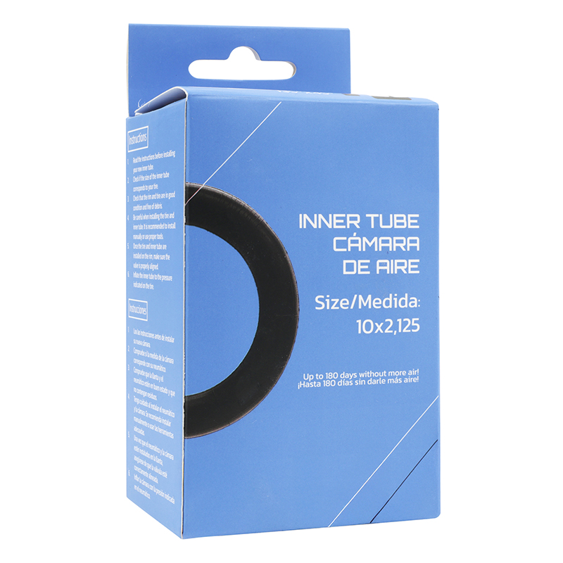 Chambre a air trottinette 10 x 2.125 valve standard coudee 135° (45° ext) diam interne 152 mm